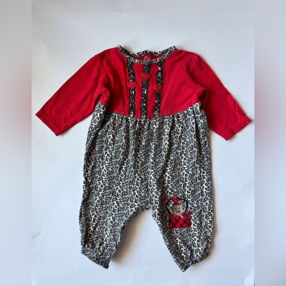 Okie Dokie Girl's 1 Piece Animal Leopard Print Red Baby Romper Size 12 Months